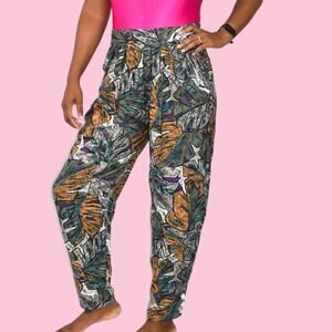 Vintage Tropical Print Pants Gray Floral High Rise Pleat Front Rayon Palm Medium